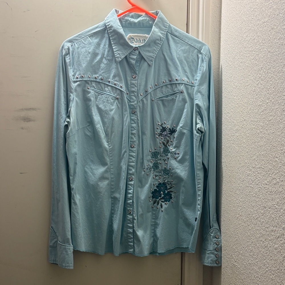 Adiktd Sky Blue Embroidered Button Down Shirt